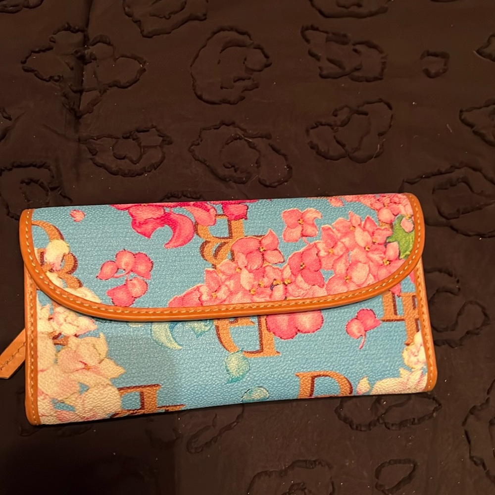 Dooney & Bourke Blue Floral Leather Wallet with Tan Trim